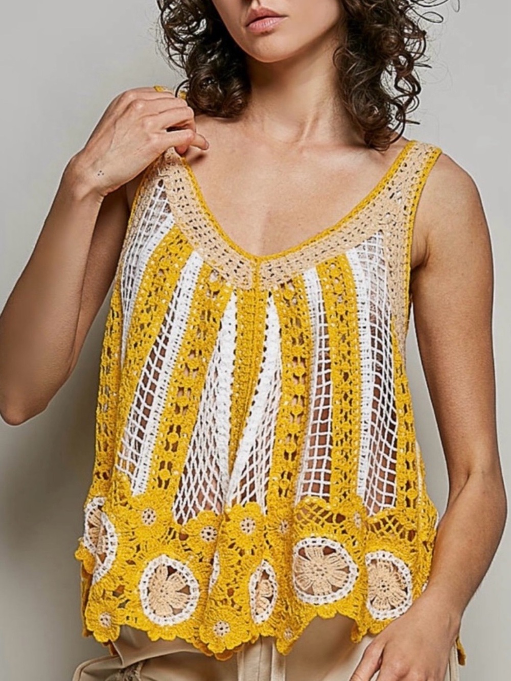 POL One Size Mustard Yellow Crochet Lace Tank Top Boho